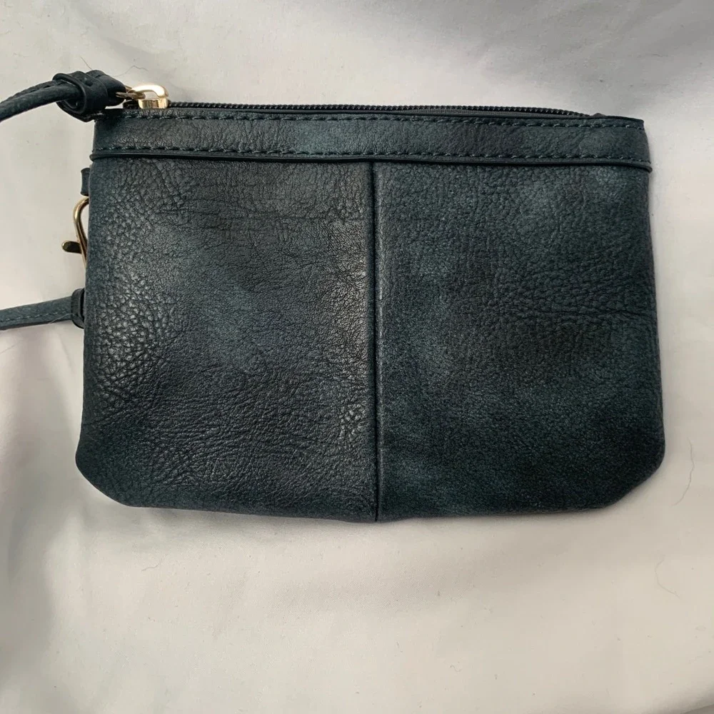 Wilsons Leather Wristlet Pouch Dark Teal Blue Pebbled Leather Gold Hardware Mini